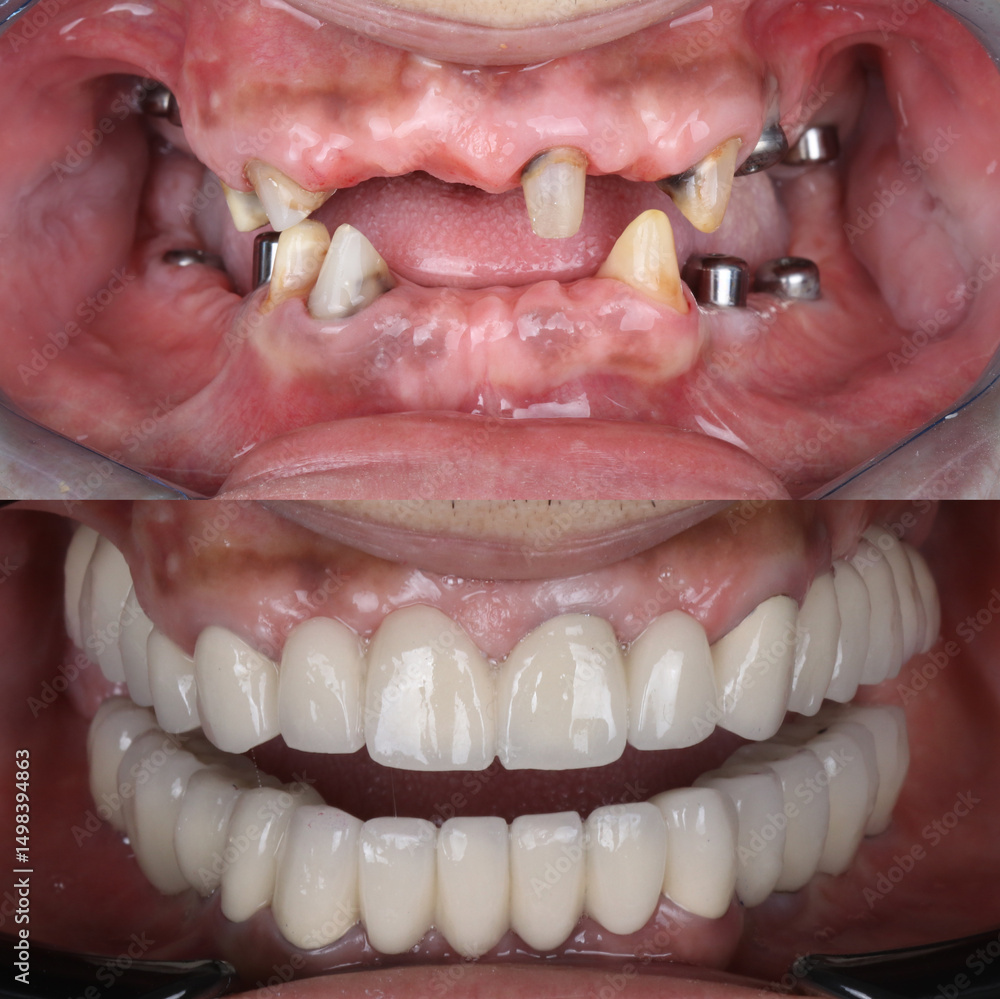 Fototapeta premium Full-arch denture prosthesis with dental implants placed in the jawbone. Full arch implant treatment with porcelain prosthesis. Dental before after and smile makeover.