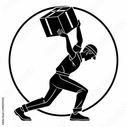Delivery man lifting heavy package icon symbol