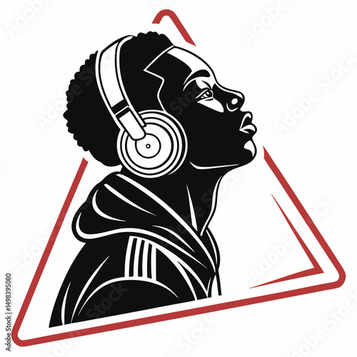 Young black man listening to music headphones triangle