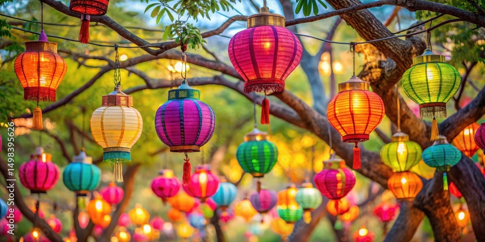 Naklejka premium Colorful Holi Lanterns Hanging from Trees , festival, branches, festival, branches, flowers, autumn