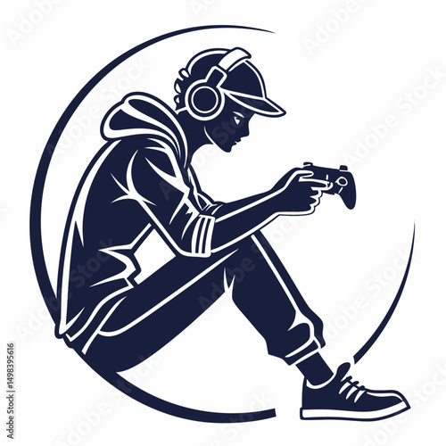 Gamer boy silhouette playing video games on transparent background