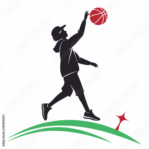 Young boy silhouette shooting basketball green field