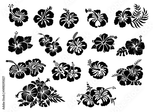 Hawaii tropical hibiscus flowers set, black stencil silhouette tattoo. Vector monochrome Hawaiian and Polynesian vegetation blooms, floral decals, isolated elements of culture, beauty and nature