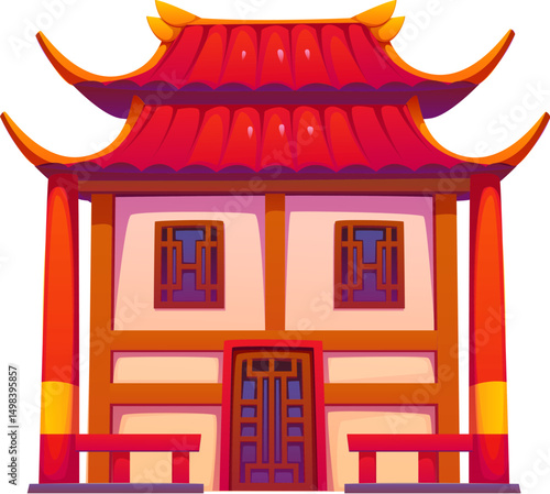Cartoon Chinese building, traditional Asian china town house with a red curved tiled roof, ornate wooden windows and pillars. Vector architecture exudes cultural authenticity, heritage, and culture