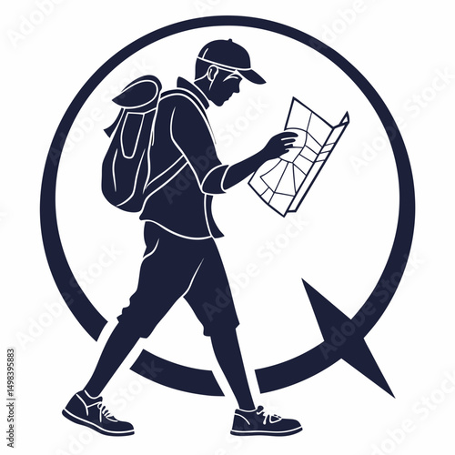 Professional traveler silhouette with map on transparent background