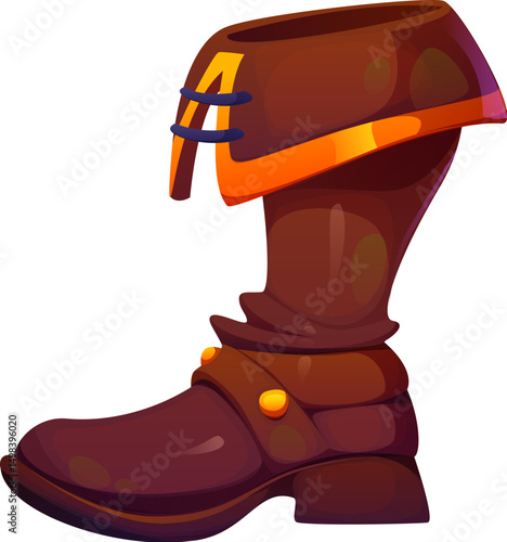 Cartoon rugged pirate boot icon, corsair footgear made of worn brown leather with golden buckles and a folded cuff, reflecting adventurous spirit of swashbuckler. Vector sturdy footwear for sea life