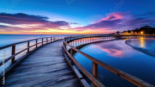 Scenic wooden boardwalk over water at twilight, vibrant sunset reflections and coastal pathway leading to distant shoreline