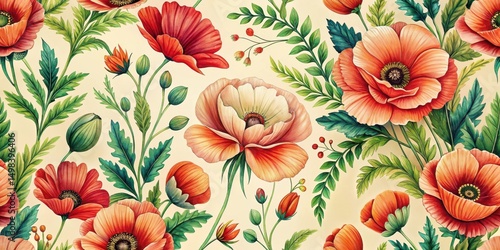 Wallpaper Mural Vibrant Vintage Inspired Poppies and Leaves Botanical Floral Pattern on Cream Background, whimsical flowers, vintage poppies Torontodigital.ca