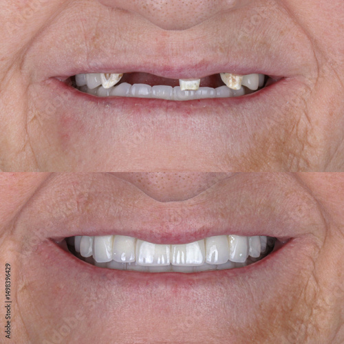 Fotografia Treatment of front incisors with dental implants through oral surgery