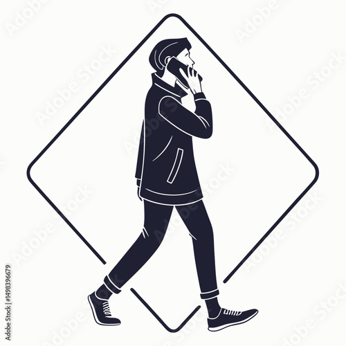 Man walking and talking on cell phone silhouette