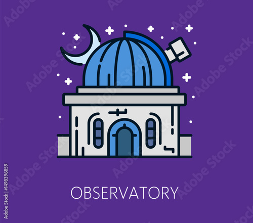 Space galaxy research observatory color thin line icon. Cosmos research line icon, astronomy discovery outline vector sign. Galaxy outerspace exploration linear icon with observatory building