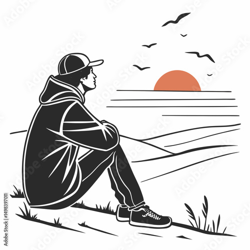 Young man contemplating sunset ocean view
