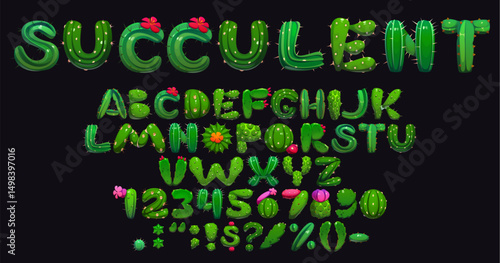 Cartoon cactus font of green succulent typeface and Mexican cacti plants, vector type. Kids English alphabet with cartoon letters or prickly cactus plants, opuntia flowers and saguaro cacti typeface