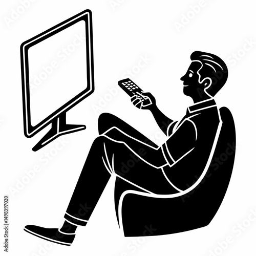 Man relaxing on chair watching tv with remote