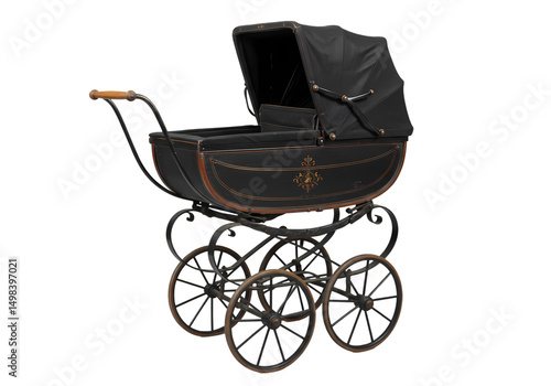 Antique Black Baby Carriage Vintage Pram Image isolated on transparent background