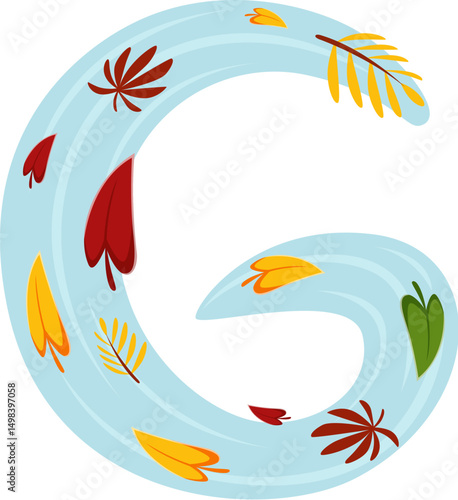 Autumn thanksgiving font leaves and wind letter G. Fall season font letter, thanksgiving vector English alphabet type element. Autumn harvest typeset sign or autumnal kids ABC symbol