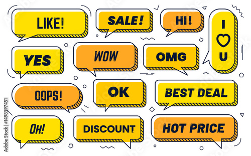 Memphis speech bubbles vector set. Dialog chat clouds, comic promo shapes in yellow and orange with phrases like wow, discount, like, best deal and hot price, ok, yes, omg for shopping or marketing
