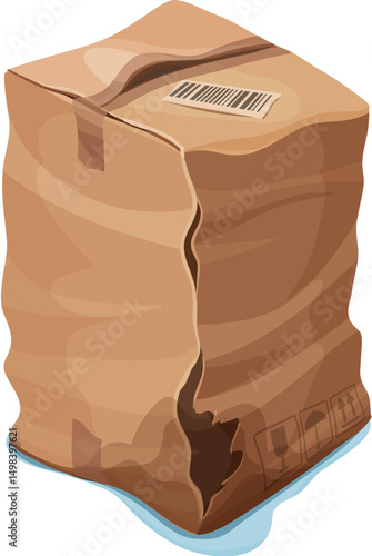 Damaged and crumpled cargo cardboard box. Damaged dirty delivery container, destroyed crumpled isolated cartoon vector cardboard paper parcel. Broken crushed cargo package or ripped wet shipping box