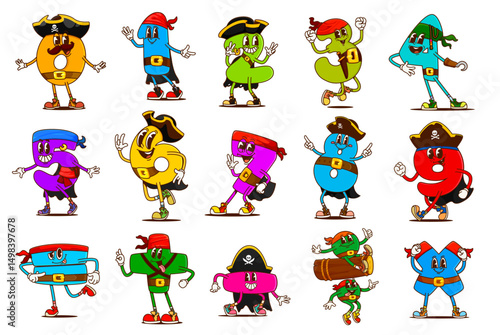 Cartoon groovy math number pirate and corsair characters with hats and bandanas. Vector retro hippie mathematics personages of number pirates and math symbol corsairs. Groovy arithmetic filibusters