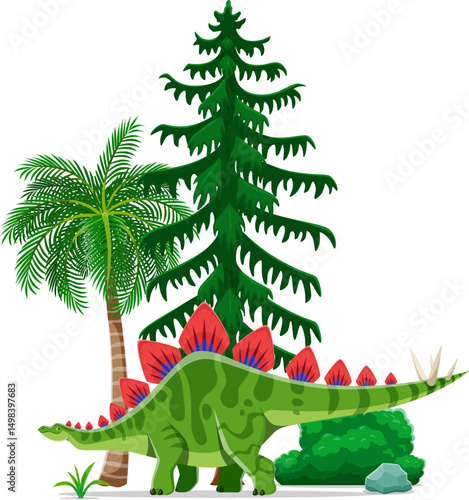 Stegosaurus prehistoric dinosaur character. Herbivore of Late Jurassic period. Isolated cartoon vector dino with row of plates along its back and spiked tail, stands near the lush natural vegetation