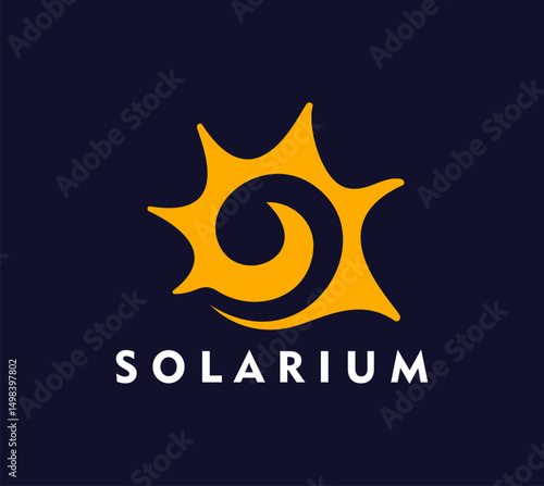Solarium tan icon, summer beach sun symbol for tanning salons or wellness brands. Vector yellow sun with radiant rays and swirl pattern. Vector emblem of solar energy, spa, warmth and vitality