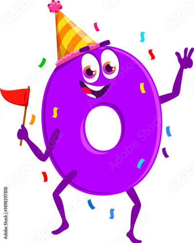 Birthday holiday celebration, cartoon zero math number and digit character. Cartoon vector 0 personage wearing festive hat, happily holding a flag hands, dancing under the falling confetti exuding fun
