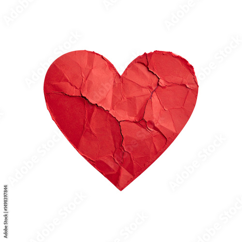 Red cracked paper heart shape broken abstract design love pain loss black on transparent background