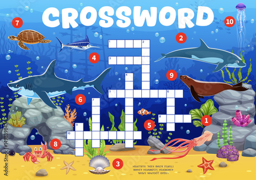 Crossword quiz game grid with funny sea underwater animals, vector worksheet for kids. Crossword quiz to guess words of undersea cartoon animals of ocean shark, jellyfish and sea turtle with jellyfish