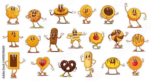Funny groovy cookie and bakery characters, vector pastry food. Cartoon retro hippie chocolate chips, sugar and butter biscuits. Groovy crackers, pretzel, gingerbread, sandwich and blossom cookies