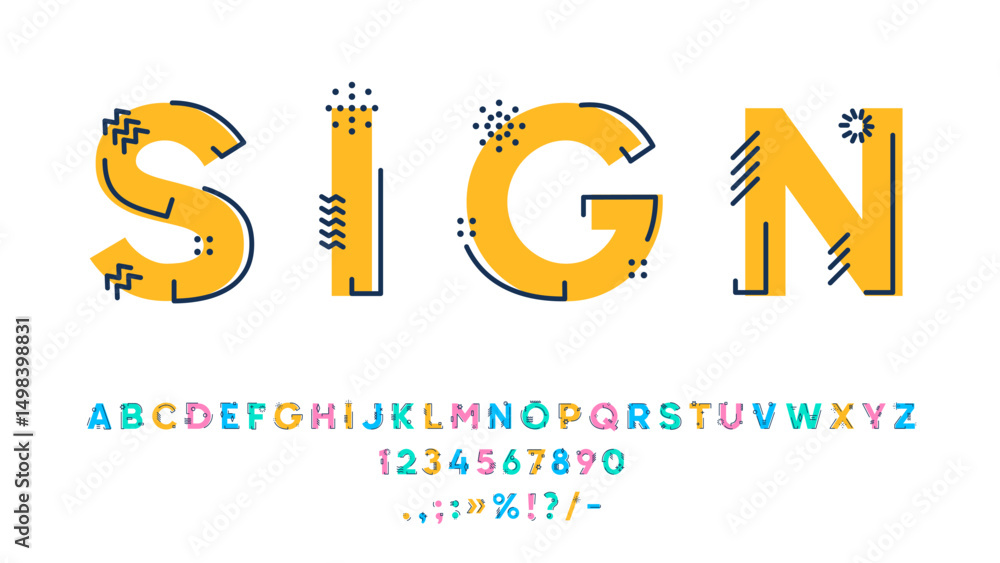 Obraz premium Outline geometric font, type or typeface. Line alphabet. English ABC futuristic figures and numbers, latin alphabet vector modern numeral and punctuation special symbols or outline font typeset