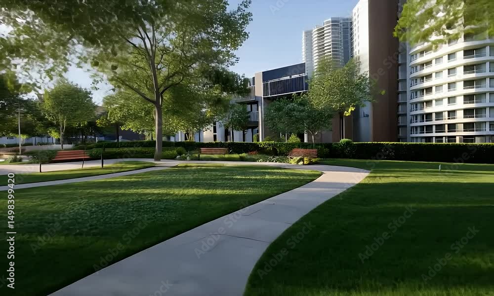custom made wallpaper toronto digitalWinding Path Through Lush Green Park With Trees Benches and Buildings in Background Under Clear Sky With Sunlight