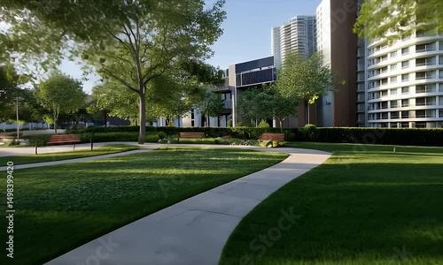Wallpaper Mural Winding Path Through Lush Green Park With Trees Benches and Buildings in Background Under Clear Sky With Sunlight Torontodigital.ca
