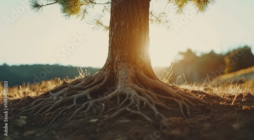 Sunlit tree trunk and exposed roots on a hillside at sunset, showcasing the tree's strong foundation
