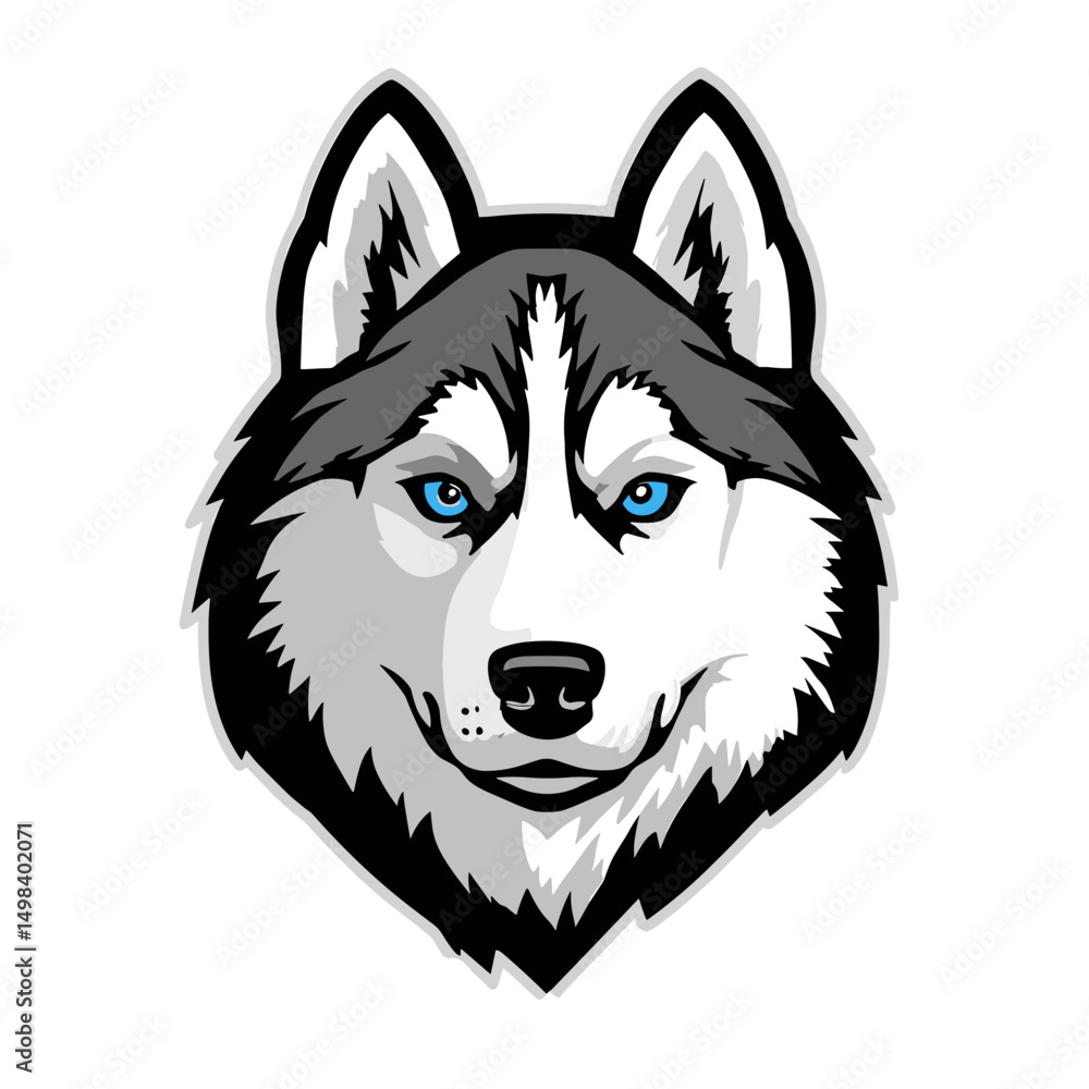 Naklejka premium Husky Dog Head Illustration: Gray and White Fur, Blue Eyes vector art logo