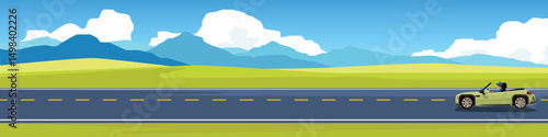 Travels of Convertible or Sport Roadster with driving man for banner. Asphalt road near plain grassland and hills with rugged mountains. Under the white clouds and blue sky. Copy Space Flat Vector.