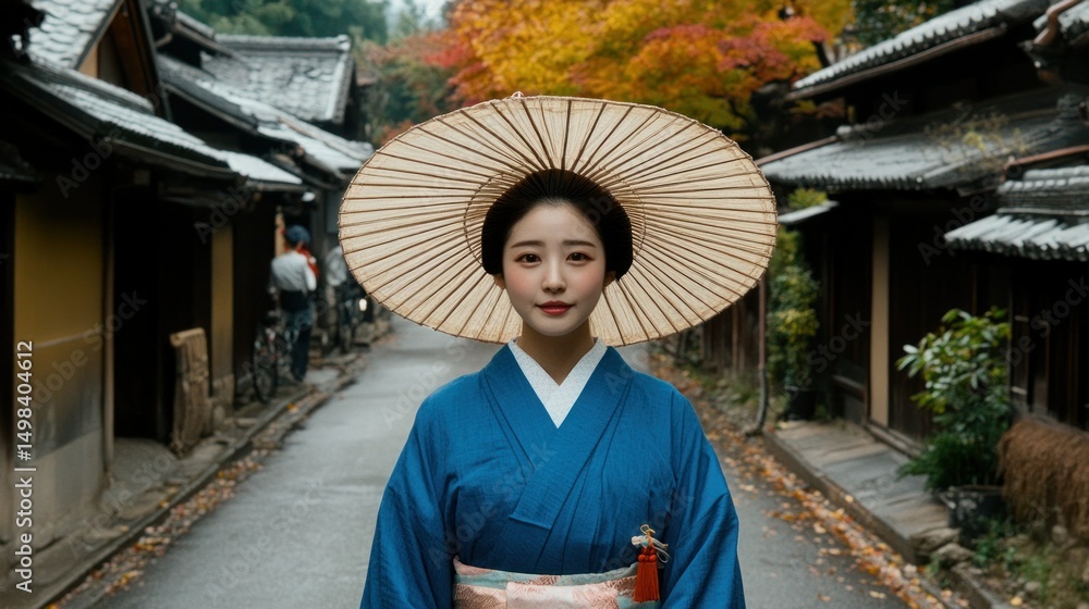 Fototapeta premium Elegant Woman in Kimono Walking Historic Kyoto Street