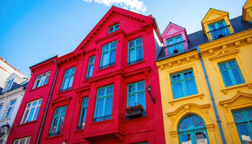 Fototapeta premium bright red and yellow building showcasing striking architecture and colorful design captured in high quality photography