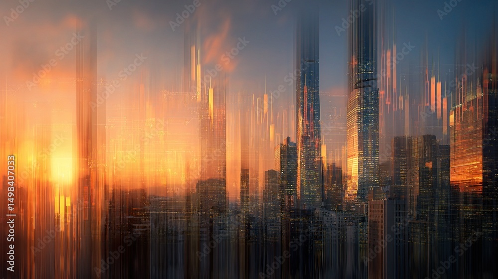 Fototapeta premium Abstract Cityscape of Skyscrapers with Market Data Elements