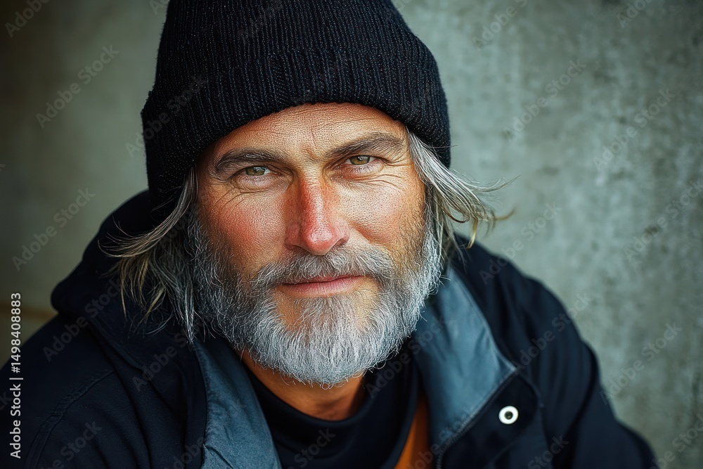 Portrait of a middle-aged man with gray beard and mustache wearing a black beanie and dark jacket looking confidently with a calm expression against a neutral background Portrait of a middle-aged man with gray beard and mustache wearing a black beanie and dark jacket looking confidently with a calm expression against a neutral background