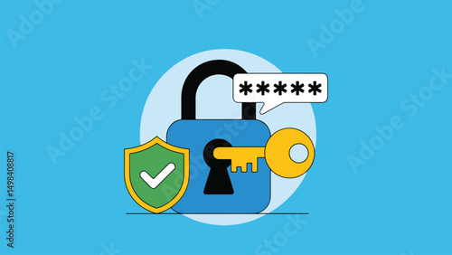 Cybersecurity Icon – Open Padlock with Password, Key, and Shield Symbol for Safe Login and Data Protection in Flat Design
