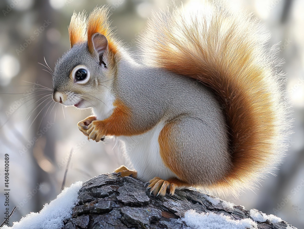 Fototapeta premium close-up of a fluffy squirrel with bushy tail sitting on a snow-dusted tree branch in a soft light forest background