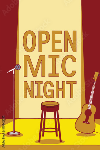 Editable Open Mic Night Poster Template – Modern Vector Design with Microphone Illustration for Music, Comedy, and Spoken Word Event


