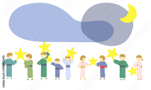 浴衣を着て星を持つかわいい人々のイラスト