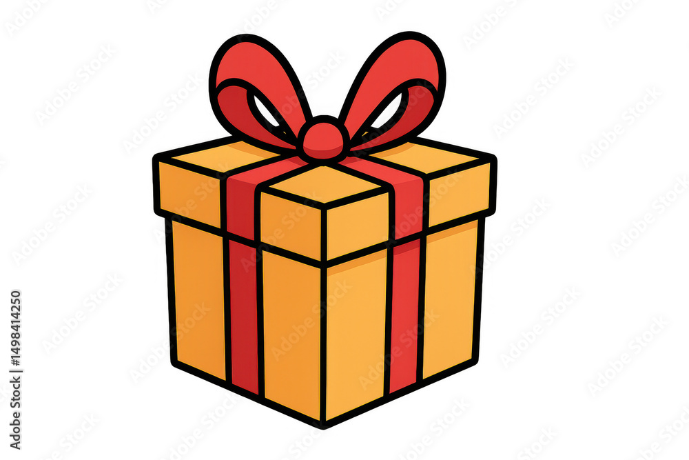 Obraz premium Cartoon illustration of a golden gift box wrapped with a red ribbon, isolated on a transparent background
