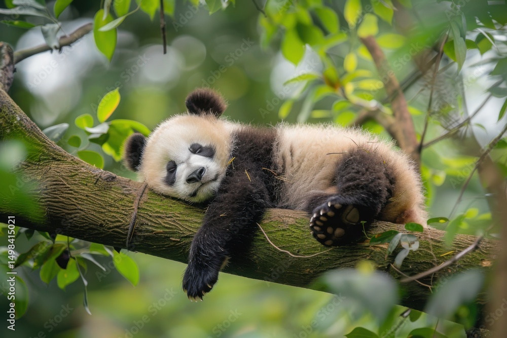 Fototapeta premium Panda Bear Sleeping on a Tree Branch, China Wildlife. Bifengxia nature reserve, Sichuan Province. Cute Lazy Baby Panda Sleeping in the Forest, Enjoying an afternoon nap with paws Hanging Down.