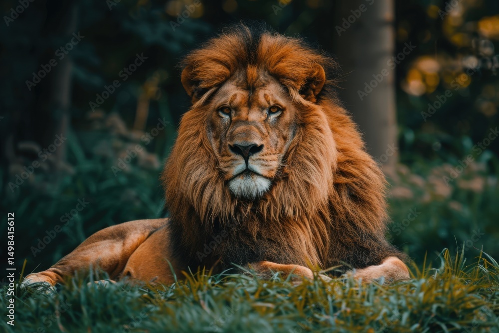 Naklejka premium lion lying on green grass during daytime