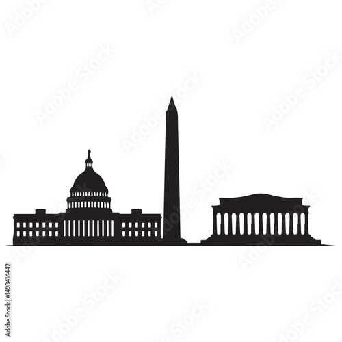 Vector Washington DC skyline. Travel Washington DC famous landmarks. Business and tourism concept for presentation, banner, web site. Vector black silhouette. with white background