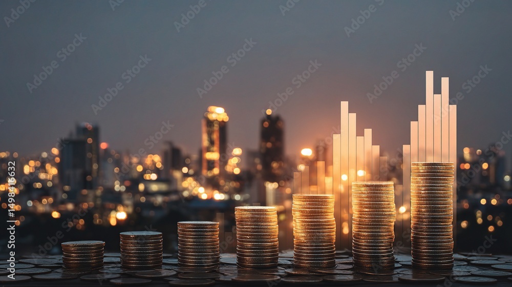 Fototapeta premium City Skyline at Twilight Merged with Stacks of Coins and Charts