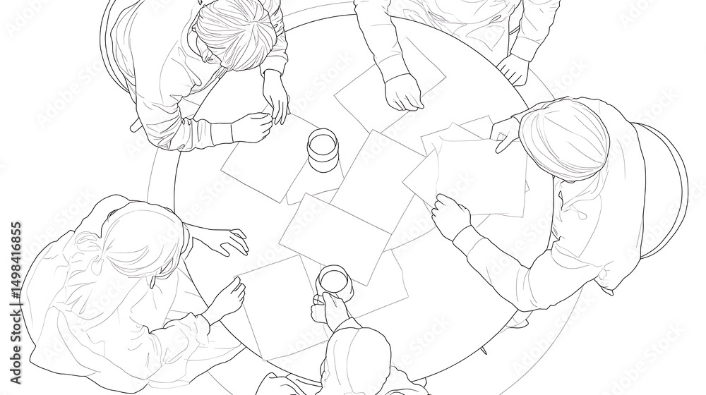 Fototapeta premium A group of people are sitting around a table with papers and cups