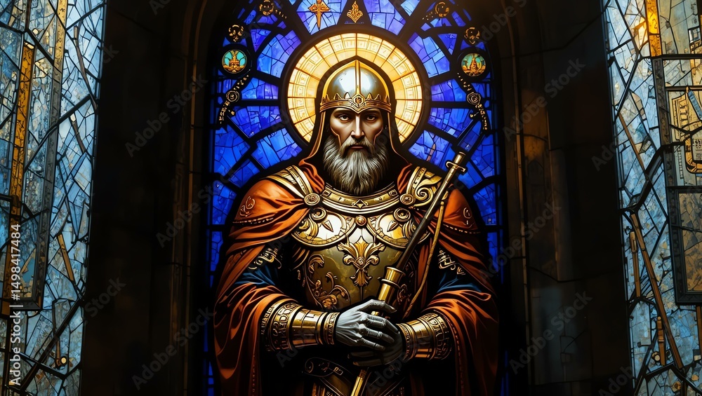 A stunning stained glass window depicting a regal knight, radiating majesty and spirituality in vibrant hues. A stunning stained glass window depicting a regal knight, radiating majesty and spirituality in vibrant hues.